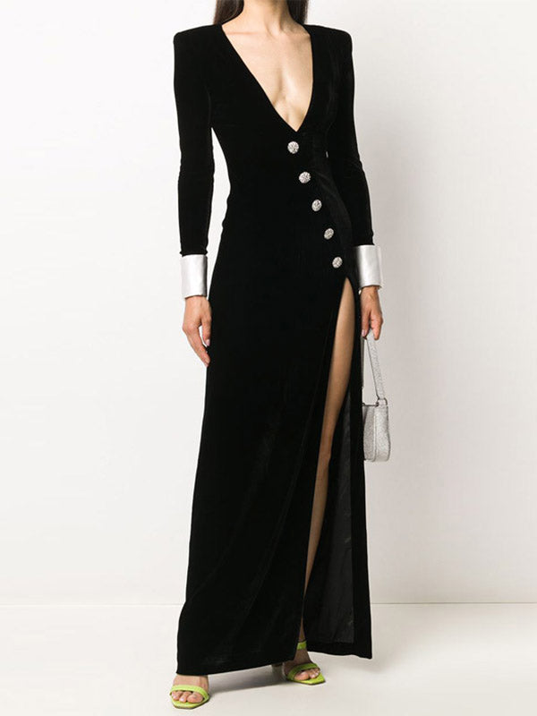 Long Sleeves Skinny Asymmetric Buttoned Shoulder Pad Split-front Deep V-neck Maxi Dresses