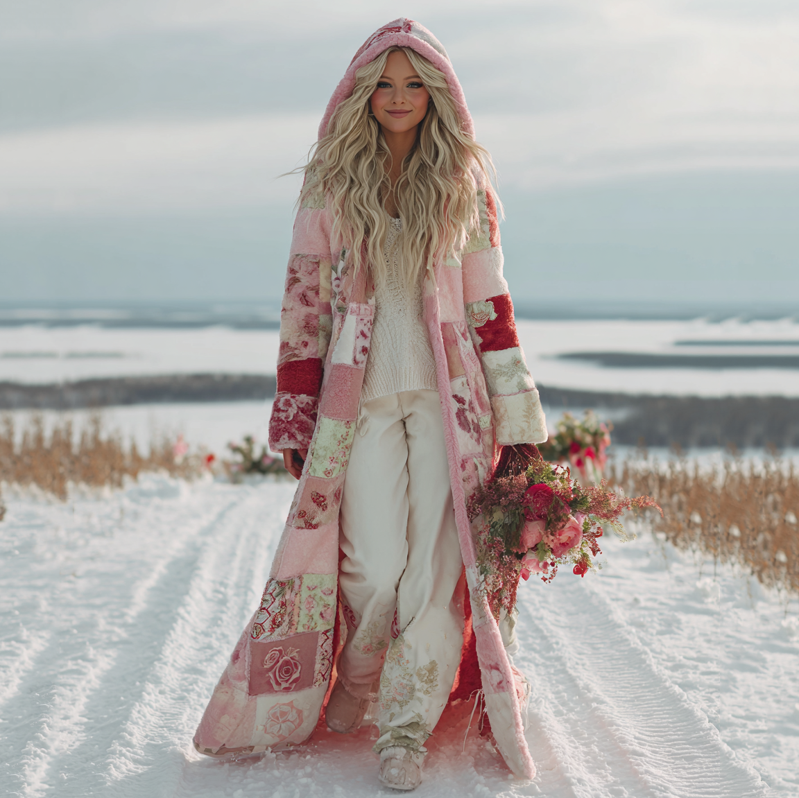 Women's Patchwork Floral Print Plush Hooded Coat elevenforest