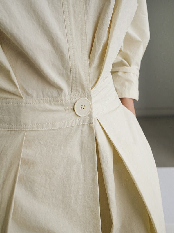 Long Sleeves Loose Pleated Color Split-joint Tied Waist Lapel Midi Dresses Shirt Dress