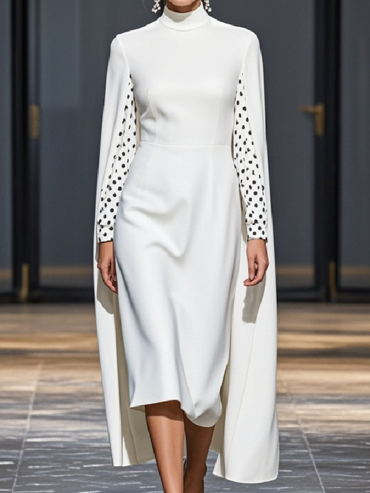 Capelet Long Sleeves Polka-dot Split-joint Mock Neck Midi Dresses