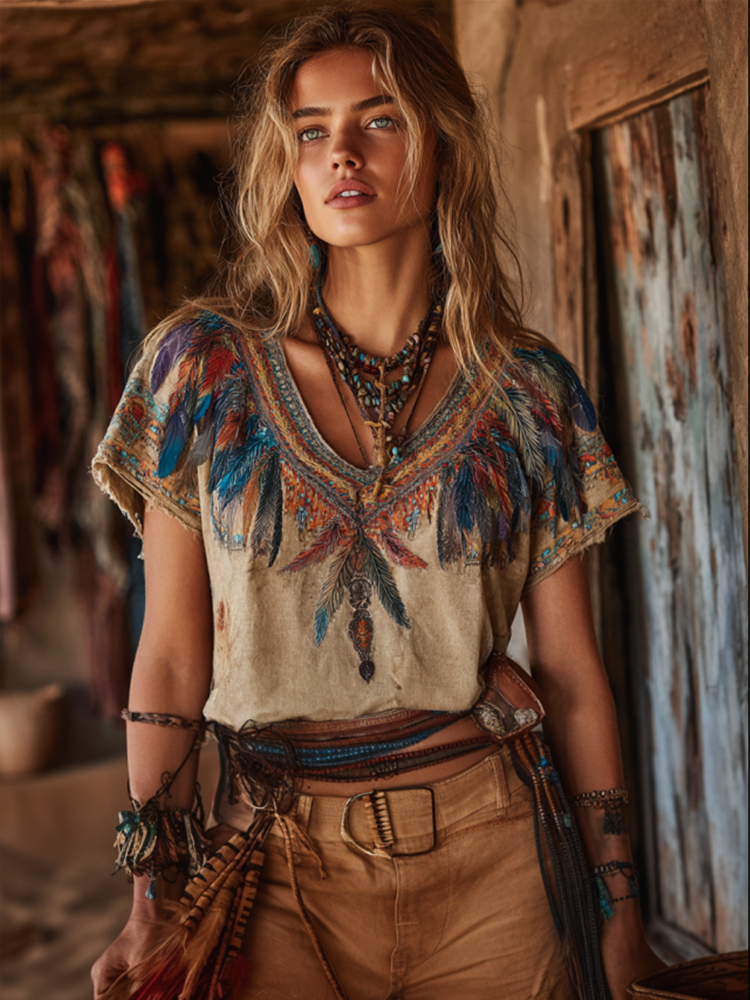 Bohemian Style And Feather Elements Combined With Retro Cotton And Linen V-neck T-shirt elevenforest