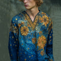 Men's Oil Painting Sunflower And Starry Night Embroidery Linen V-neck Loose T-shirt elevenforest