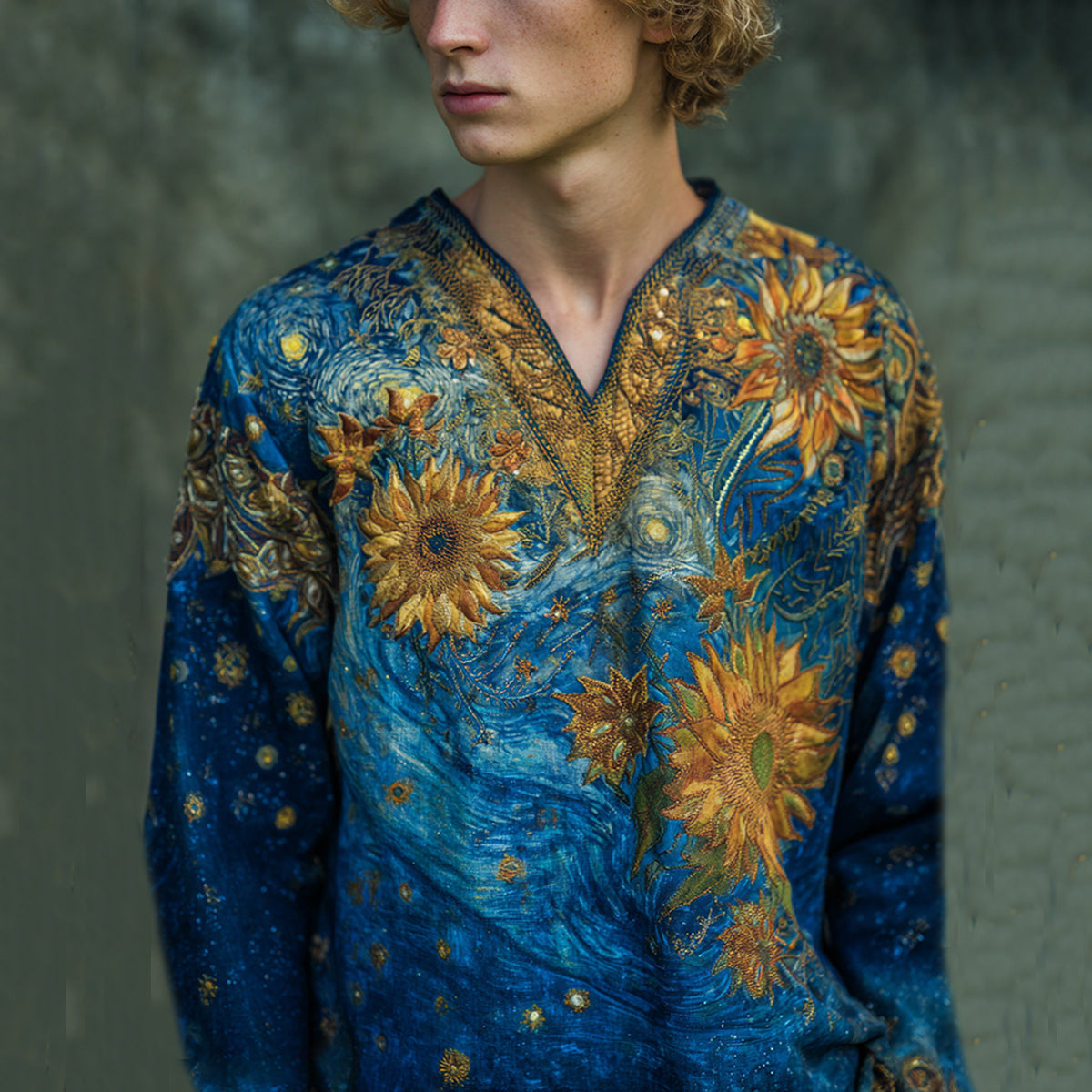 Men's Oil Painting Sunflower And Starry Night Embroidery Linen V-neck Loose T-shirt elevenforest