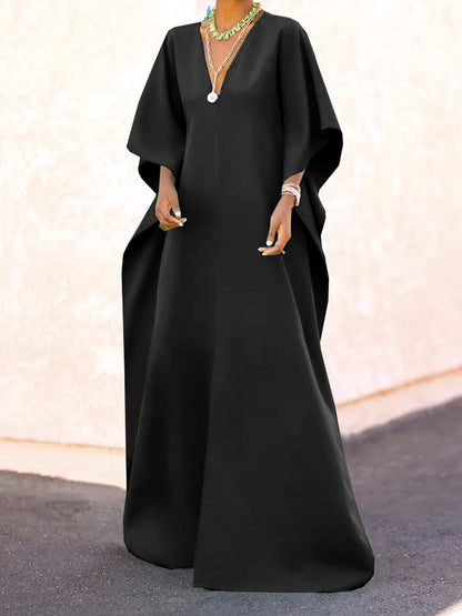 Batwing Sleeves Loose Color Split-side V-neck Maxi Dresses