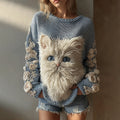 Women's Cute Cat With Floral Art Knitted Warm Sweater