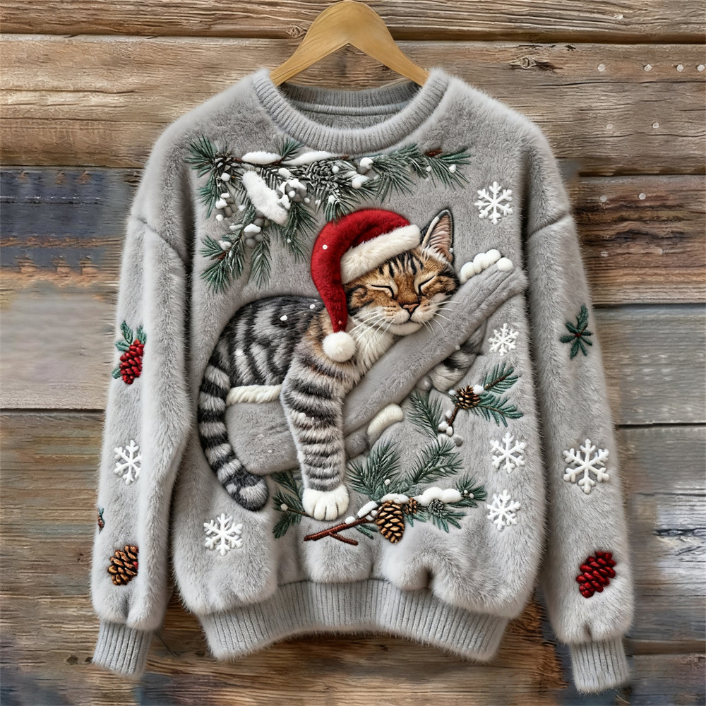 Christmas Lazy Cat Art Women's Cozy Plush Sweater artswardrobe