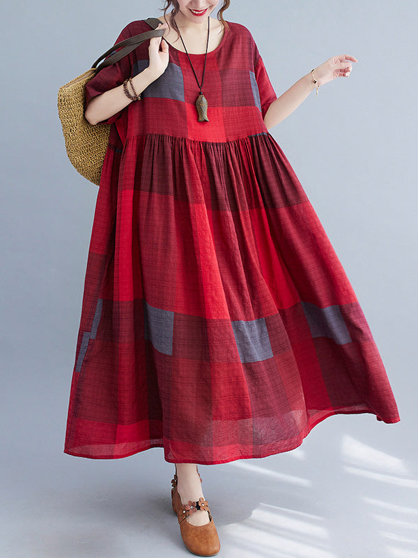 Artistic Retro Loose Color-block Pleated Round-neck Half Sleeves Midi Dress