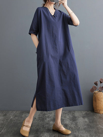 A-line Loose Chinese Frog Buttons Pockets Color Split-side V-neck Midi Dresses