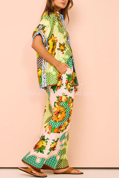 Enjoy Summer Lemon Satin Unique Print Elastic Waist Pocketed Wide Leg Pants