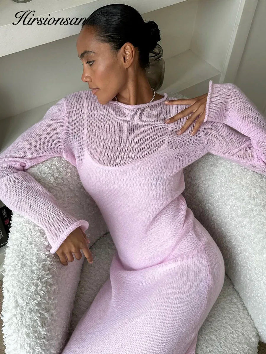 Spring Autumn O-neck Elastic Knit Long Dresses Soft Lady Hollowing Sweater Dresses Femme New