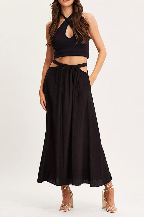 A-line Swing Skirt High Waist Hollow Color Skirt