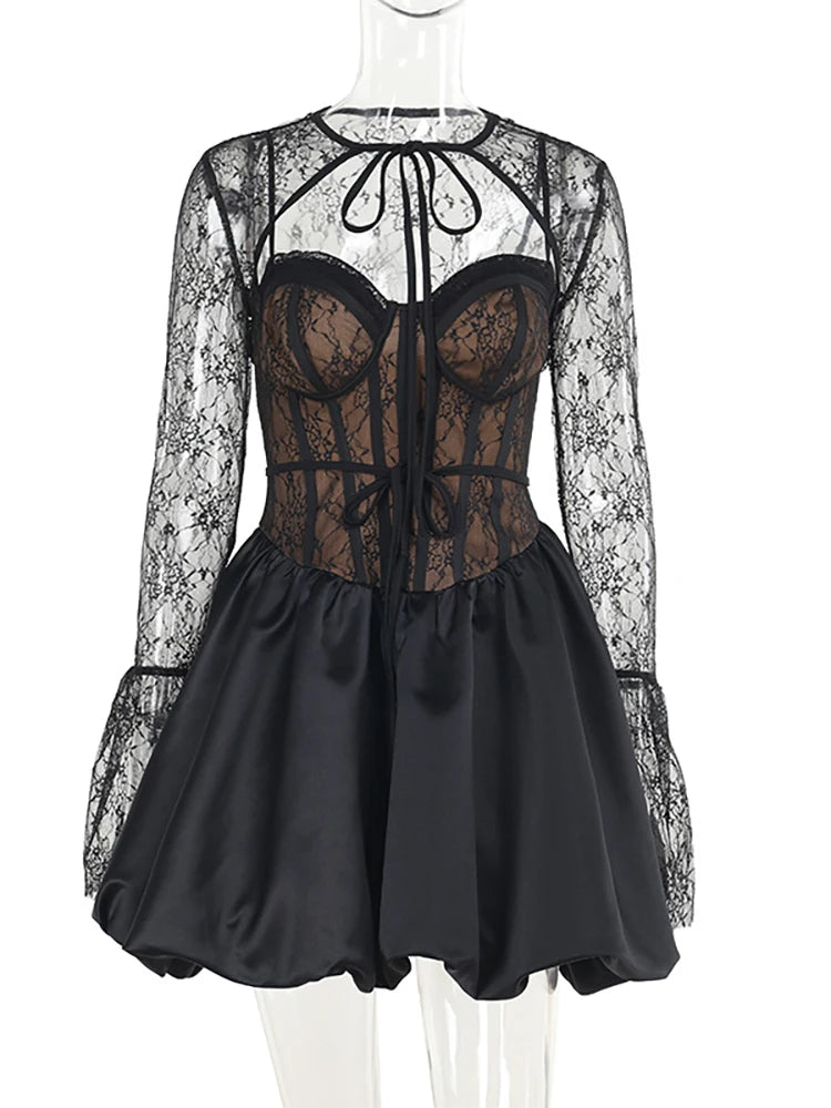Julissa Mo Sheer Lace Two Piece Sets Dress Black Long Sleeve Lace Up Dress Femme Autumn A-line Party Clubwear