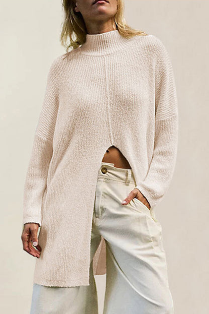 Color Long Sleeve Slit Knitted Sweater