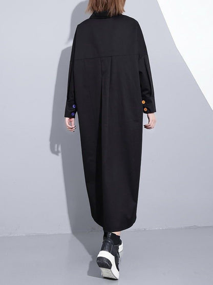 Long Sleeves Loose Asymmetric Buttoned Contrast Color Pockets Lapel Midi Dresses Shirt Dress