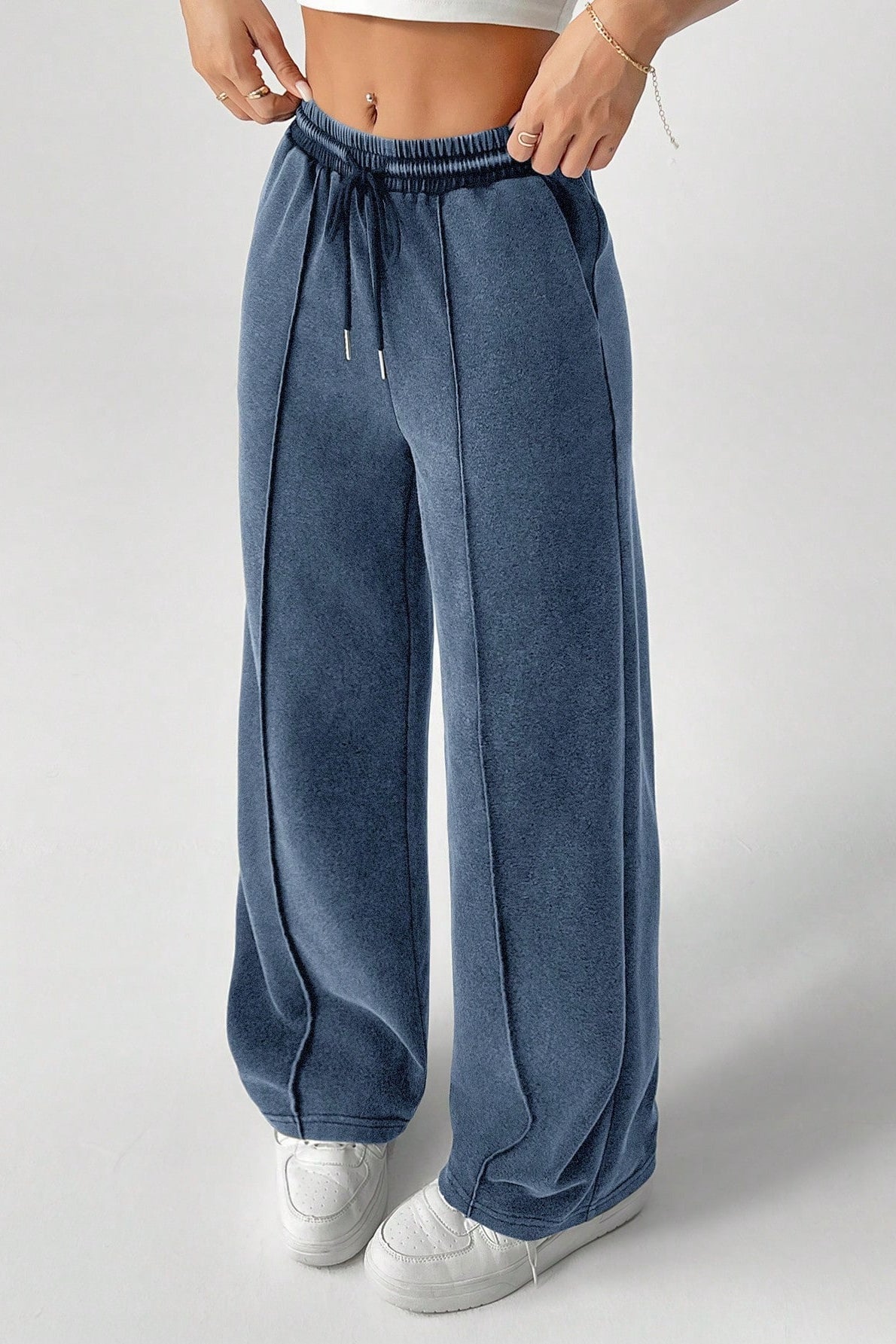 Color Drawstring Waist Wide Leg Sweat Pants
