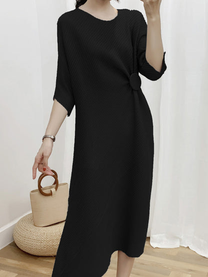Half Sleeves Irregular Clipping Pleated Color Round-neck Midi Dresses