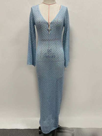 Hollow See-through Smocked Color Sun Protection Deep V-neck Beach Cover-up Maxi Dresses