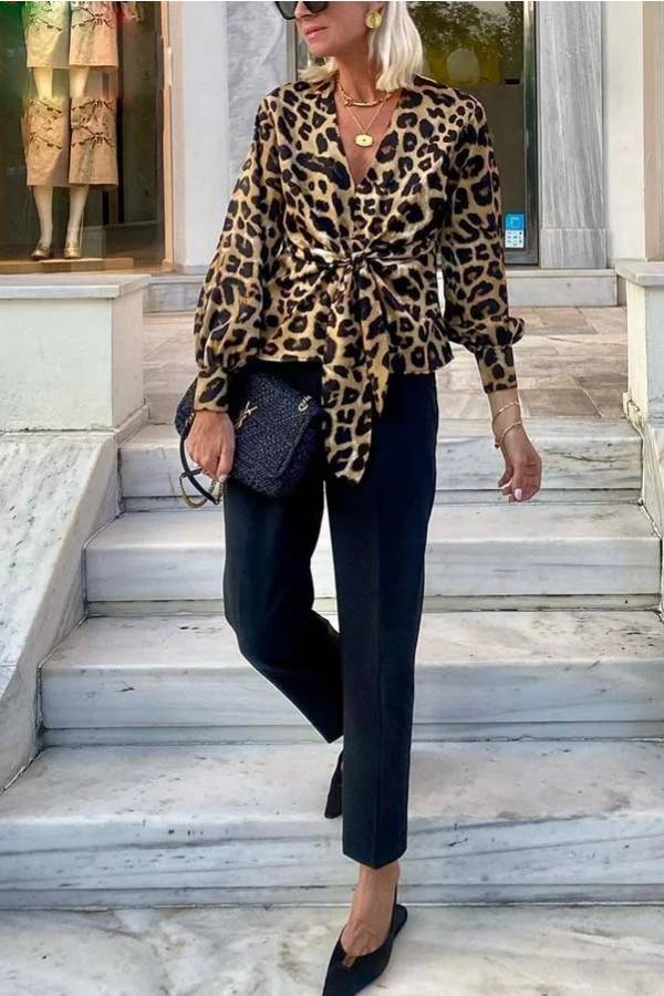 Janae Leopard Print Front Tie-up Lantern Sleeve Blouse