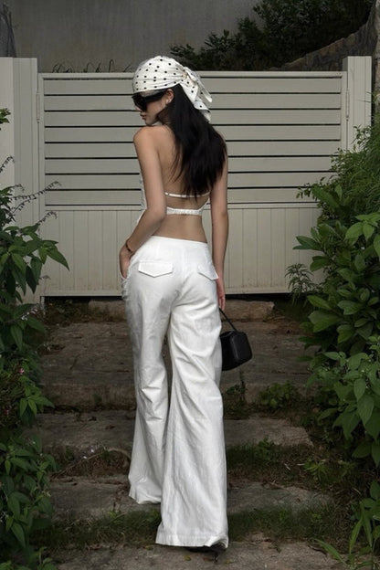 White Two Piece Halter Open Back Fitted Vest Pants Set