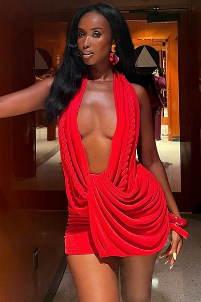 Ruched Halter Deep V Backless Bodycon Mini Dress
