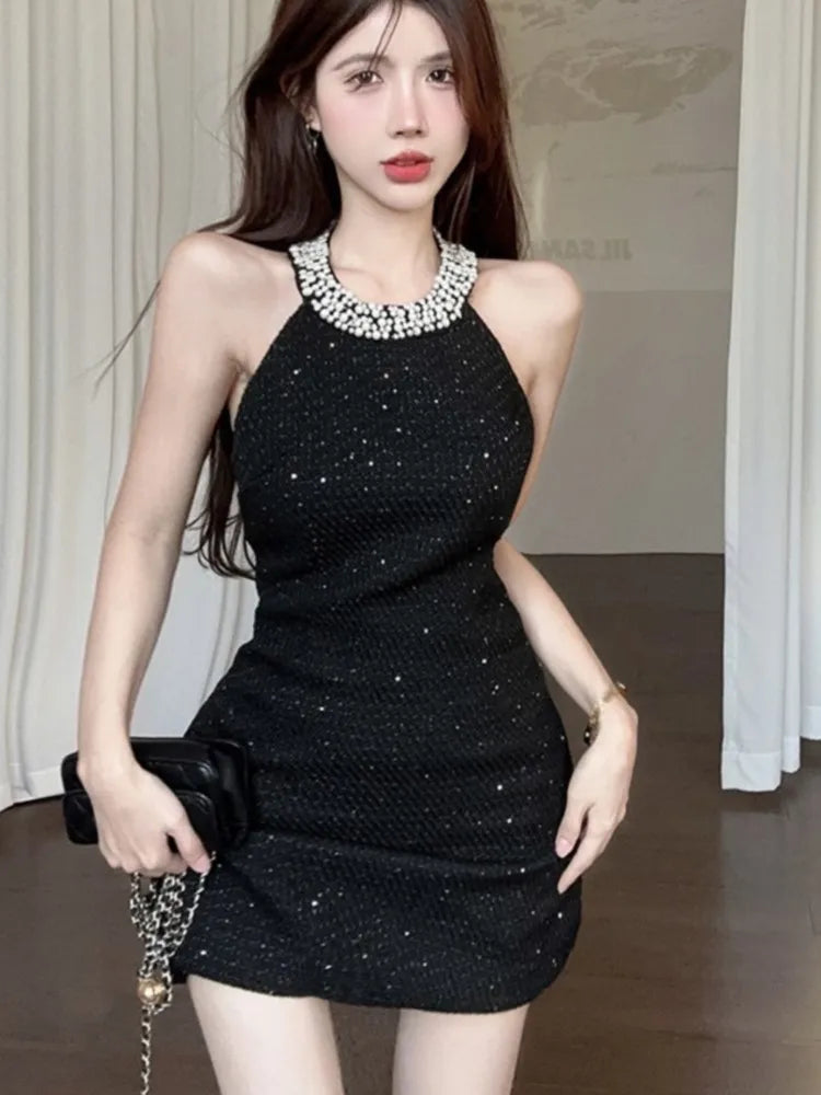 Halter Mini Dress Sleeveless Rhinestone Patchwork Shiny Slim Backless Evening Party Dresses Club Prom Vestido