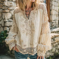 Women's Retro Floral Lace Embroidery Art V-neck Shirt elevenforest