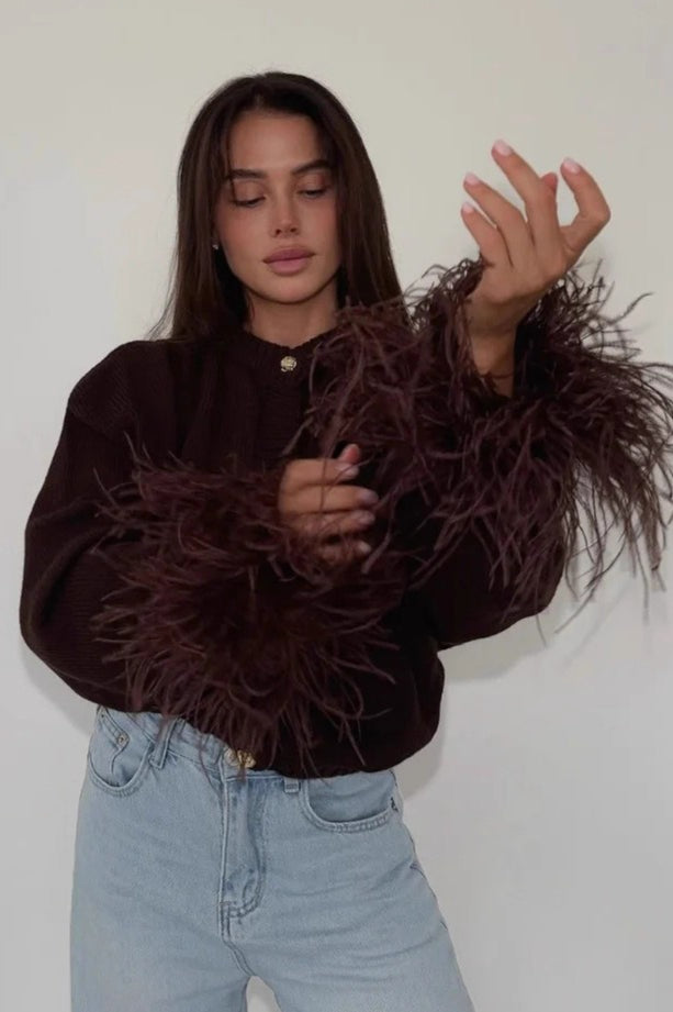 Button Feather Paneled Sweater