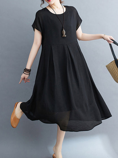 Loose Short Sleeves Color Split-joint Round-neck Midi Dresses