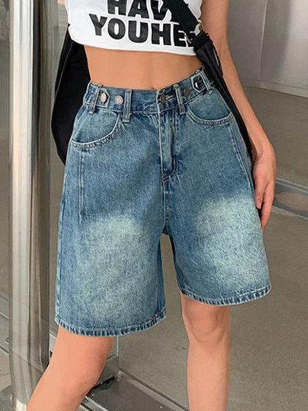 Blue Cropped Denim Shorts With Washed Effect
