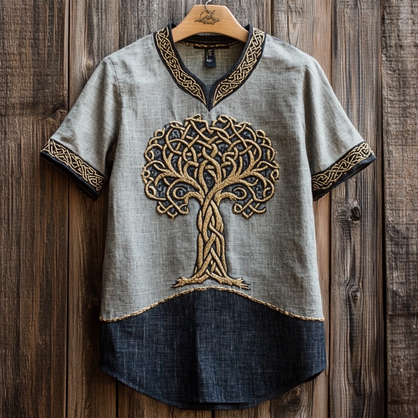 Men's Viking Tribal Tree Of Life With Celtic Knotwork Embroidered Linen Round Neck T-shirt elevenforest