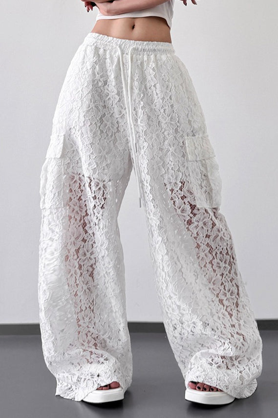 White Lace Cutout Wide Leg Pants