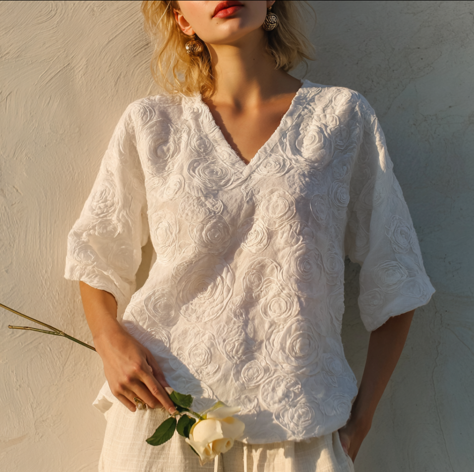 Bohemian Style Woman's V-neck White Rose Short-sleeved Shirt elevenforest