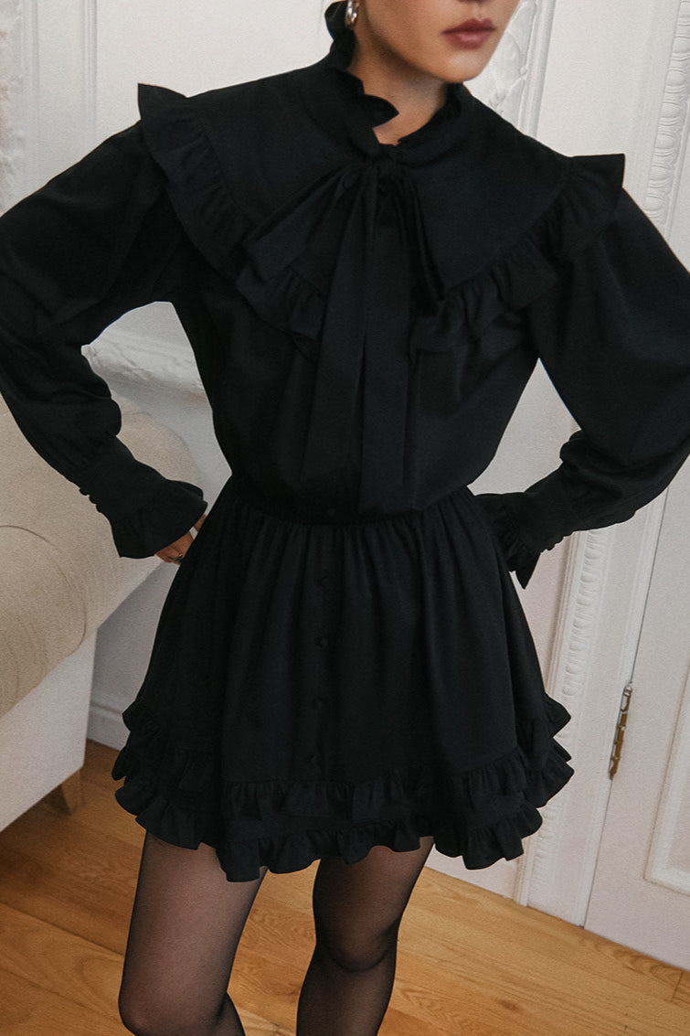 Bow Tie Lace Up Long Sleeve a Line Mini Dress