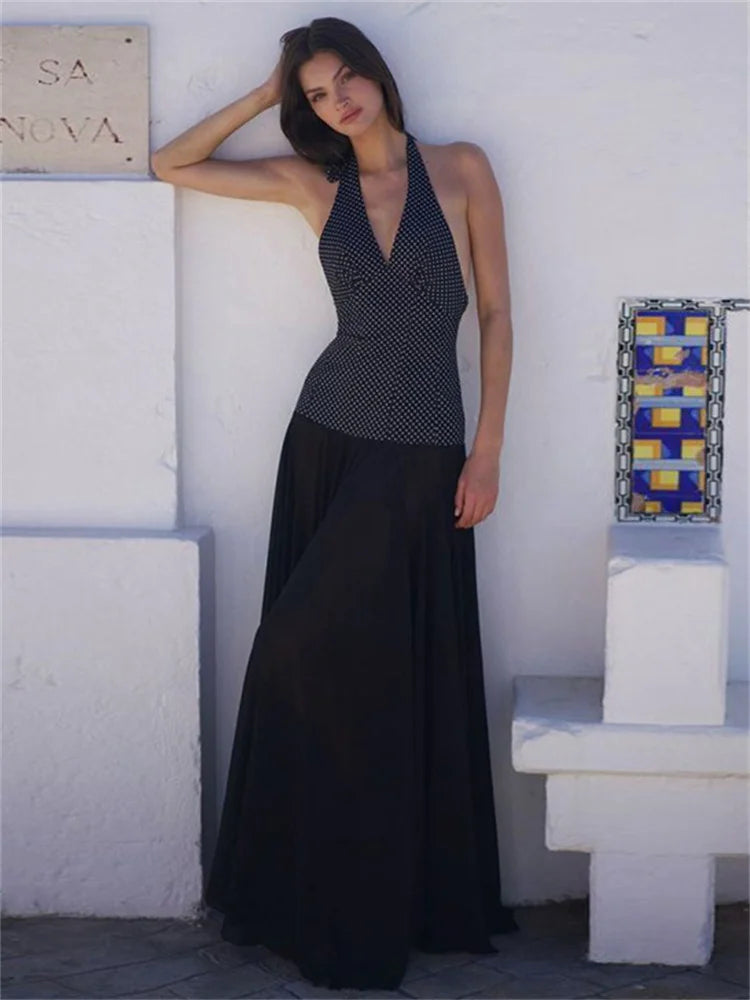 V-neck Summer Maxi Dress for Contrast Patchwork See-through Dress Slim Backless Lace-up Long Dress