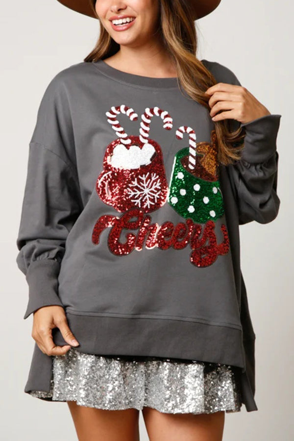 Christmas Candy Cup Sequined Loose Sweatshirt