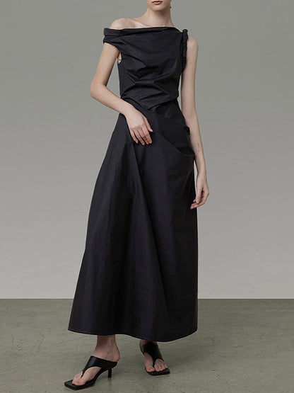 A-line High Waisted Asymmetric Color One-shoulder Midi Dresses