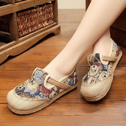 Green Little Bear Cotton Linen Flat Shoes