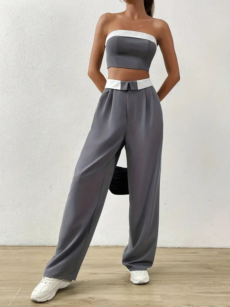 Contrast Off Shoulder Tube Top & Pants Two Piece Set