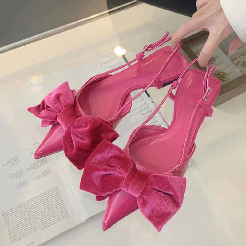 Design Big Butterfly Knot Flat Mules Sandals Cozy Patent Leather Pointed Toe Back Strap Shoes