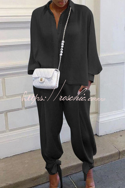 Shirt Collar Stripe Side Pocket Top Pant Set