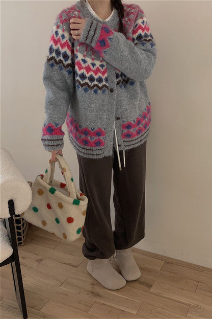 Fair Isle Jacquard Colorblock Knit Cardigan