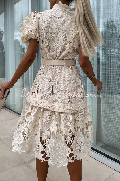 Absolutely Crochet Lace Puff Sleeve Belted Shirt Midi Dress