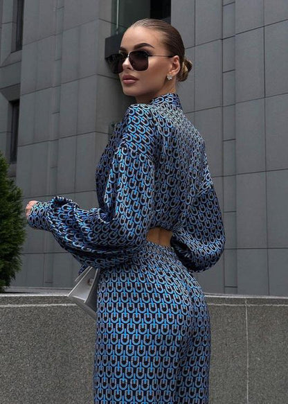 Ease - Printed Button-up Shirt and Wide-leg Pants Set