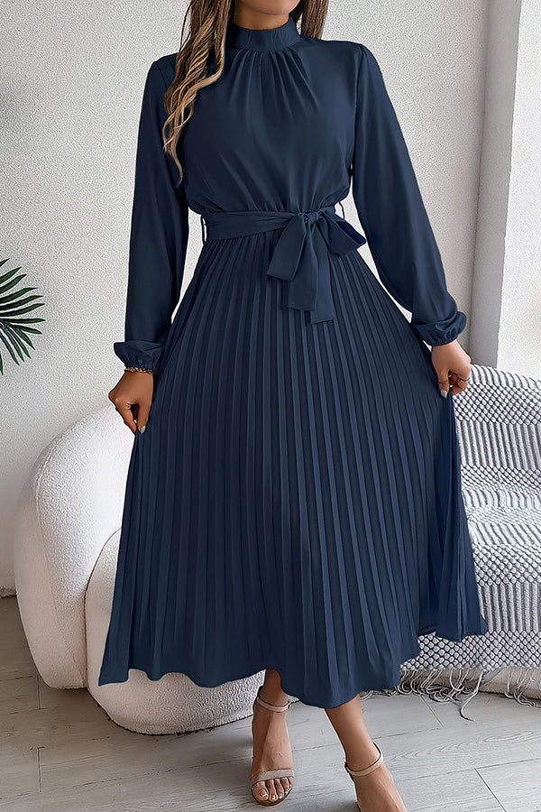 Stand-collar Long-sleeve Waisted Tie-up Pleated Midi Dress