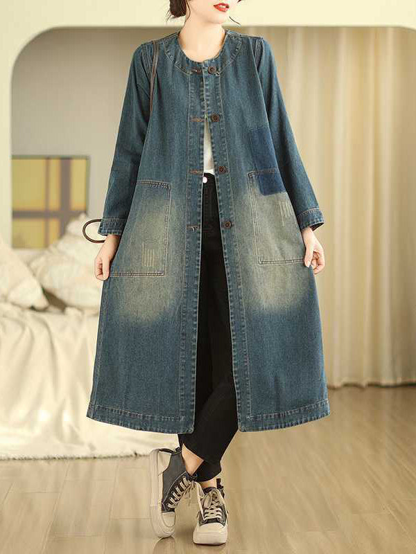 A-line Long Sleeves Buttoned Pockets Round-neck Midi Dresses Outerwear
