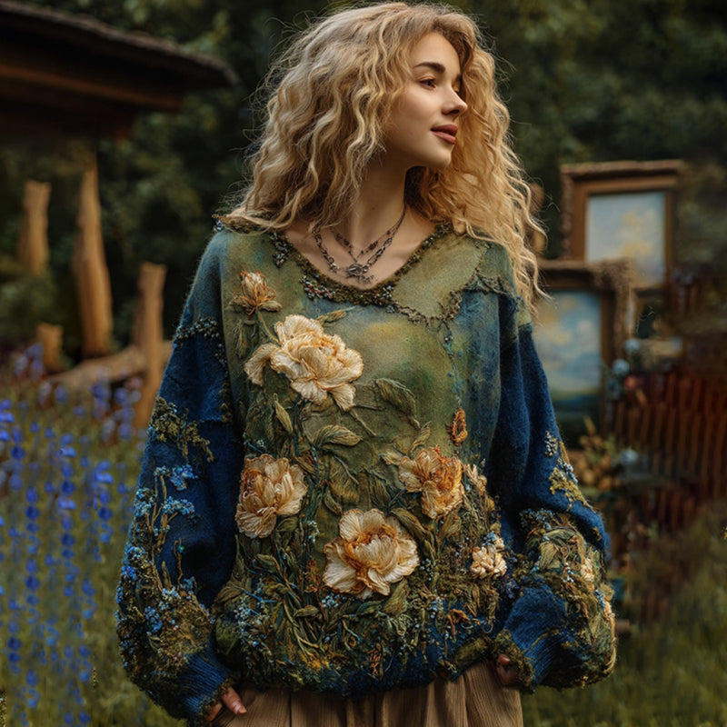 Vintage Painting Inspiration Floral Art Gradient Flowy Sweater elevenforest