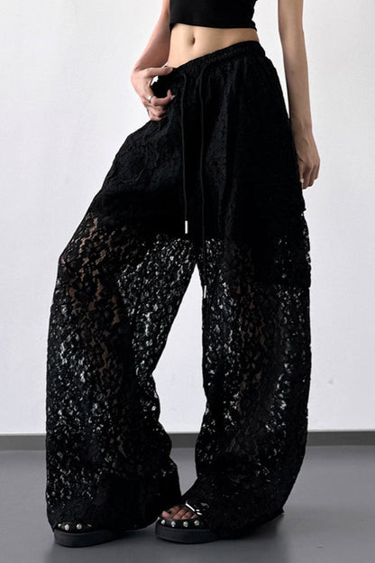 White Lace Cutout Wide Leg Pants