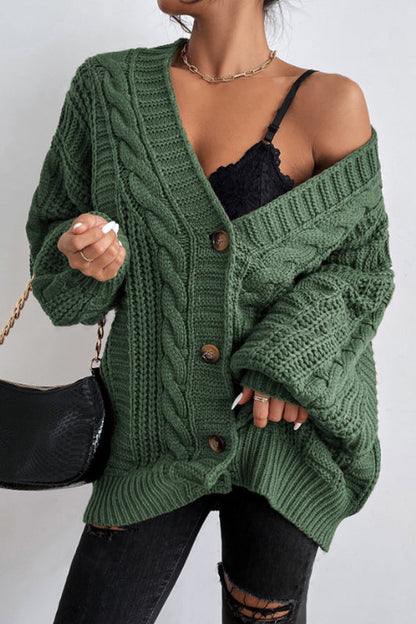 V-neck Cable Knit Balloon Sleeve Cardigan