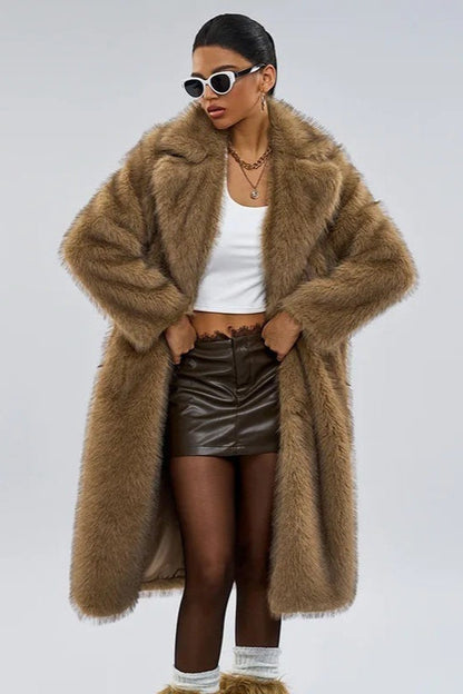 Long Faux Fur Shawl Collar Winter Coat