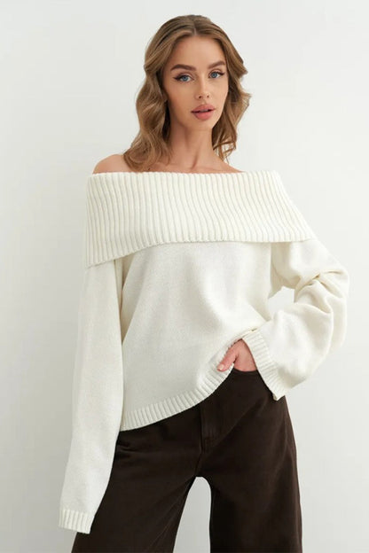 Color Off Shoulder Knitted Sweater
